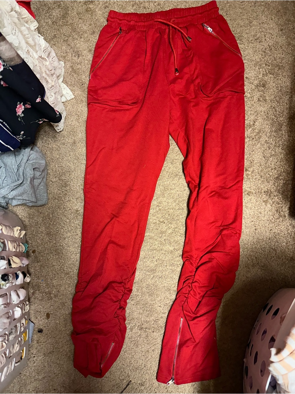 AKIRA Red Drawstring Track Joggers with Zip Accents